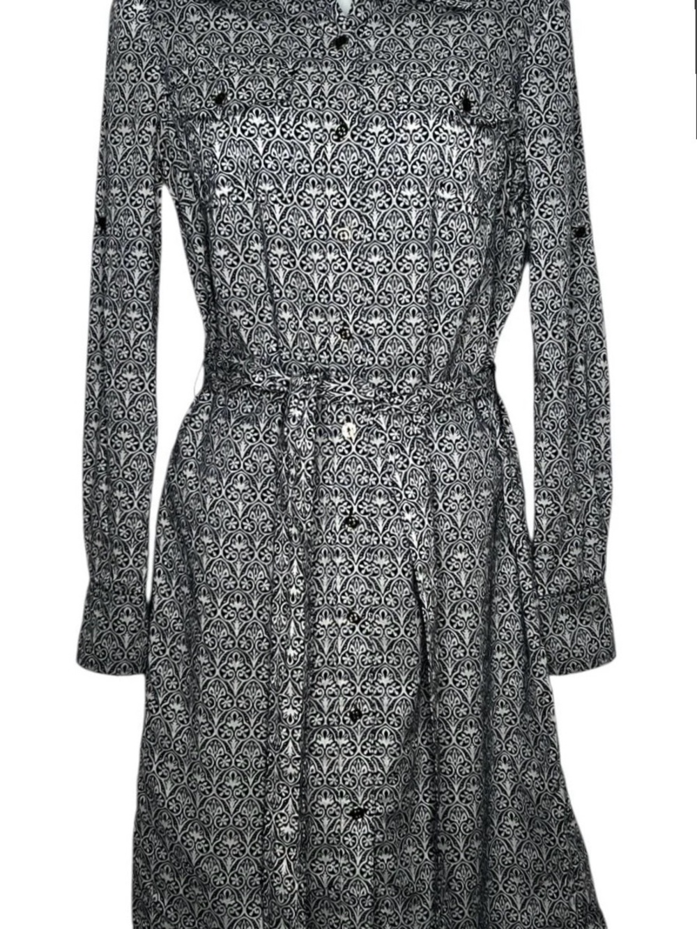 Tory Burch White & Navy Carinthia Printed Shirt Dress with Tie Waist